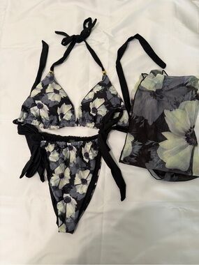 3 PIECE SET Floral Black & Pale Green Triangle Bikini with Cover-Up